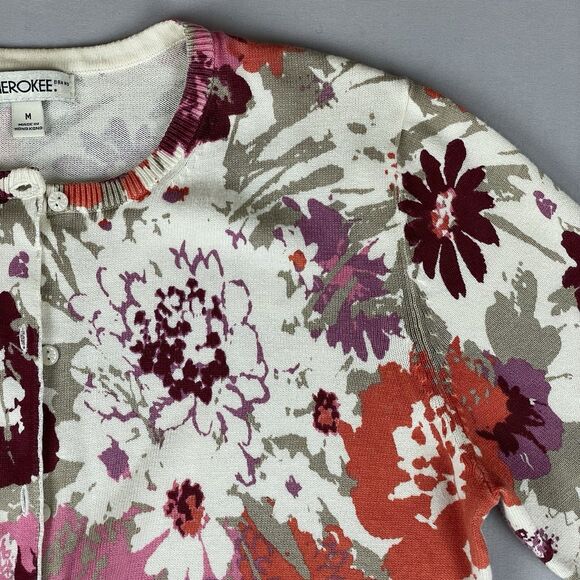 Cherokee Floral Button-Up Cardigan Med Crew Neck Purple Beige Orange Tight Knit - Picture 3 of 14